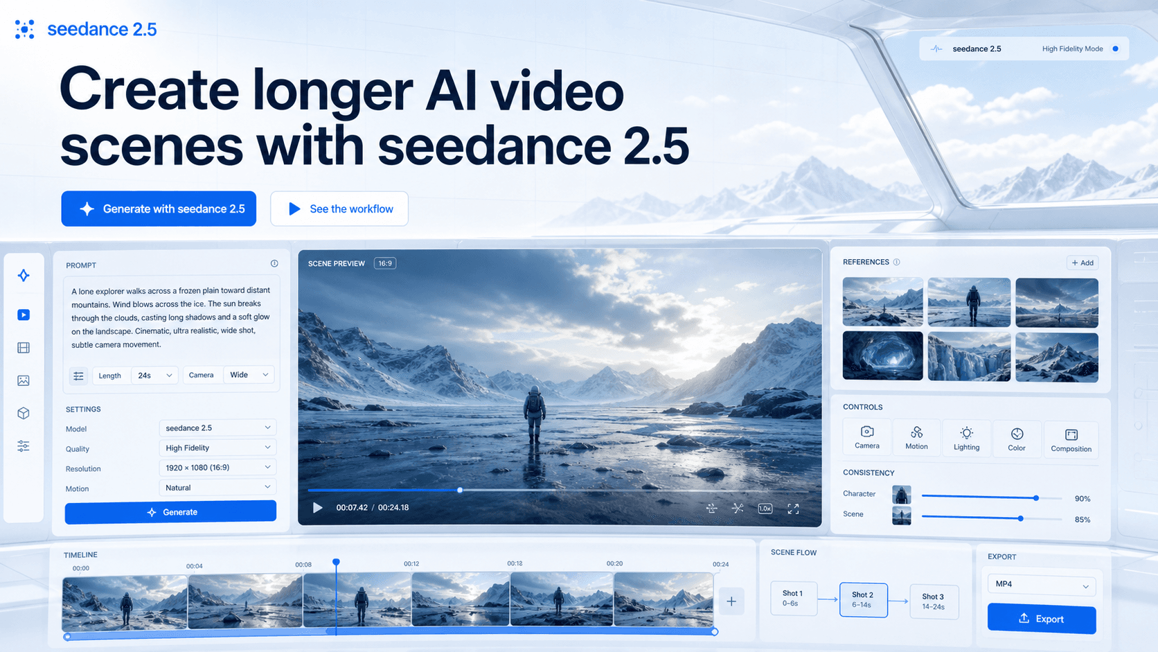 seedance 2.5 workspace showing a blue video preview, prompt panel, reference tray, and timeline review